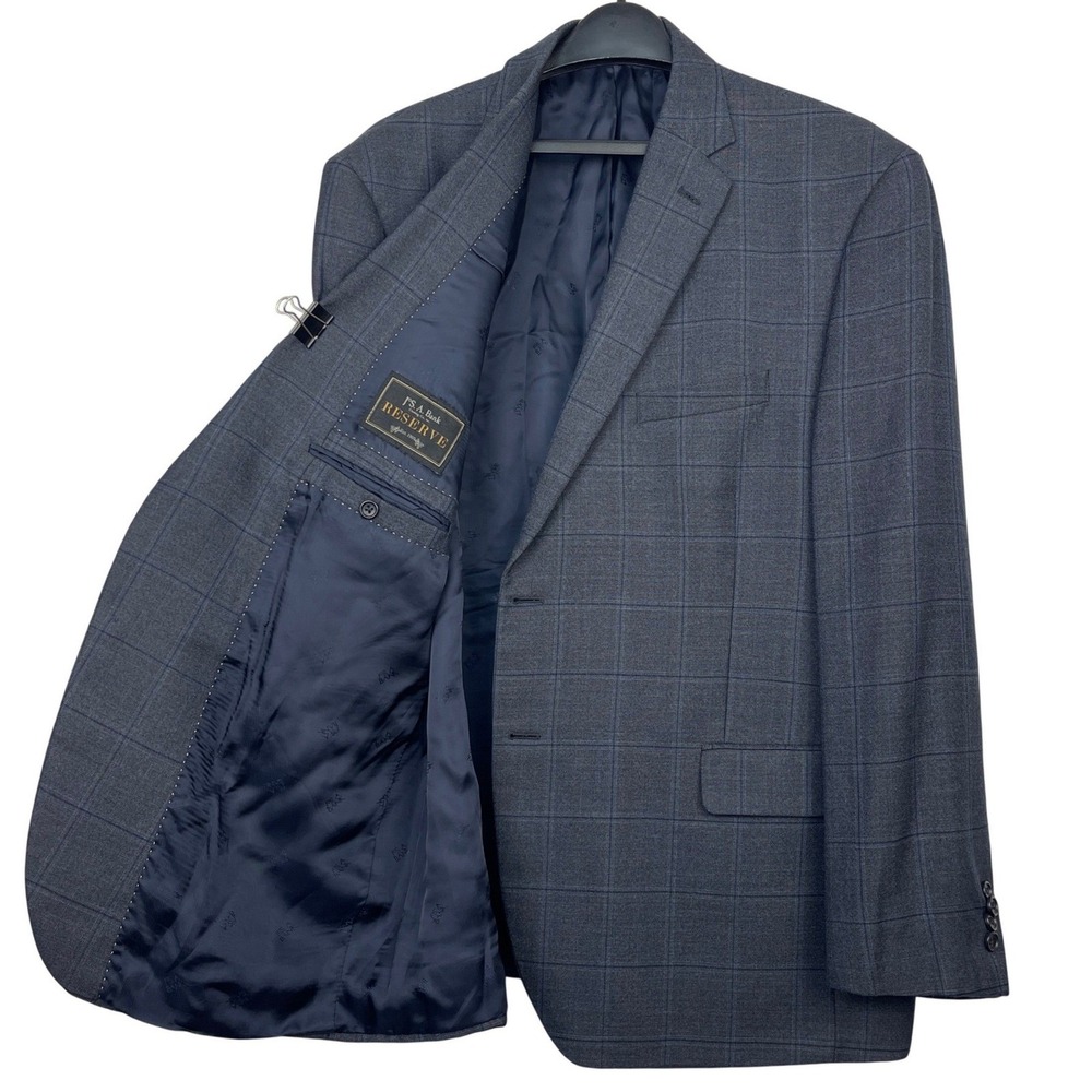 Jos A Bank RESERVE Grey Blue Plaid SILK + WOOL 48R Blazer Sport Coat Suit Jacket